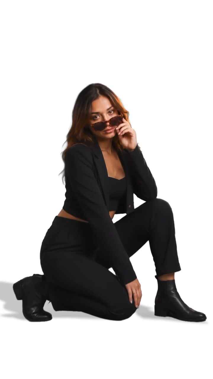 Elegance in Noir: Women's Black Cropped Blazer and Pant Co-Ord Set