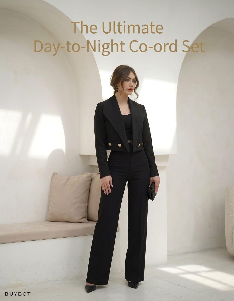 Elegance in Noir: Women's Black Cropped Blazer and Pant Co-Ord Set