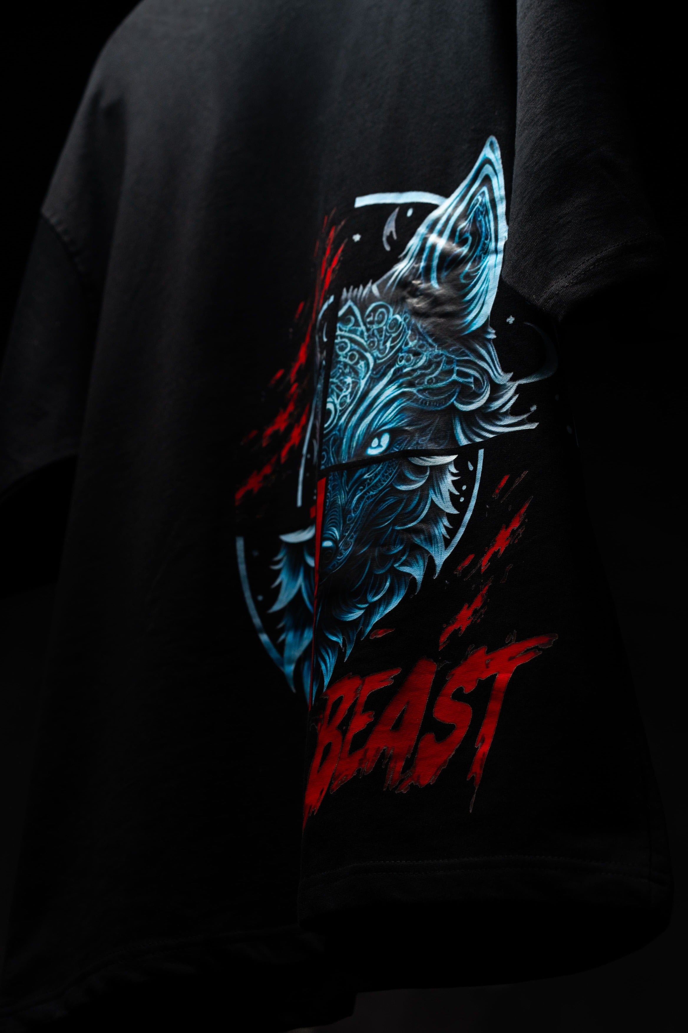BUYBOT “Beast Mode” Wolf Graphic Oversized Tee – Black Edition