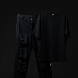 Men's 2-Piece Set – Black T-Shirt & Six-Pocket Cargo Pants, Soft Breathable Fabric, Minimalist Loungewear/Streetwear Matching Outfit