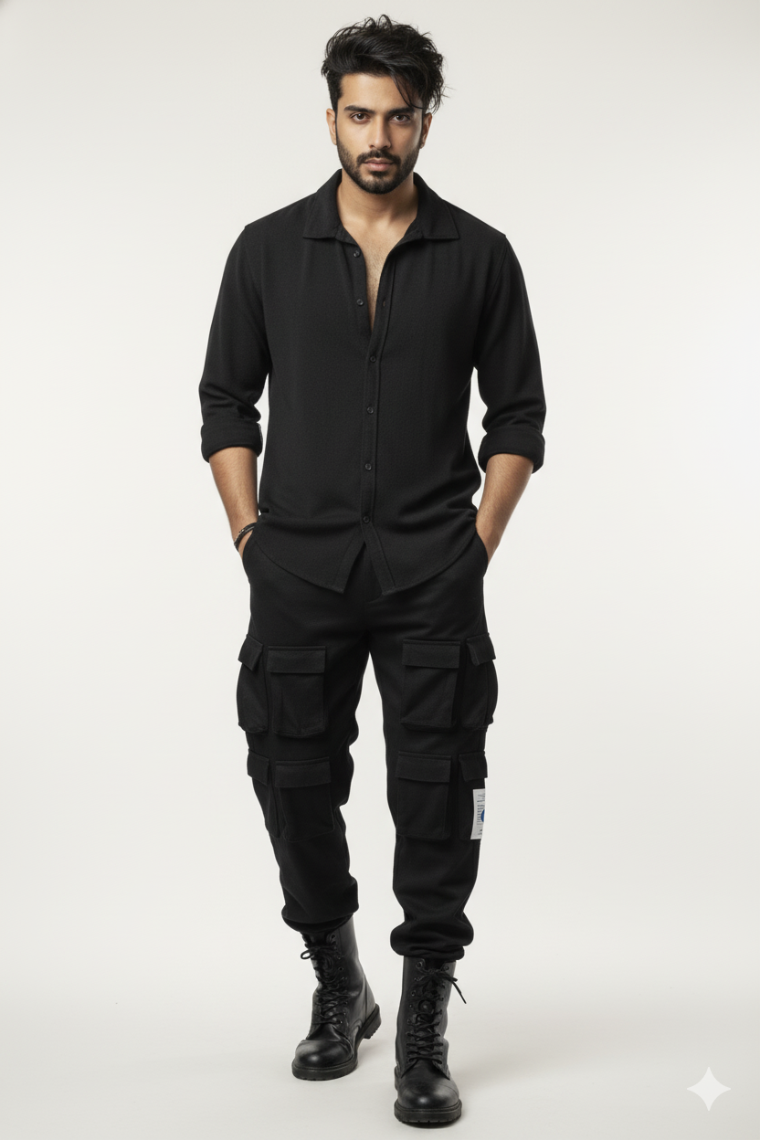 Men’s Black 4-Pocket Cargo Co-ord Set (Shirt & Cargo Pants)