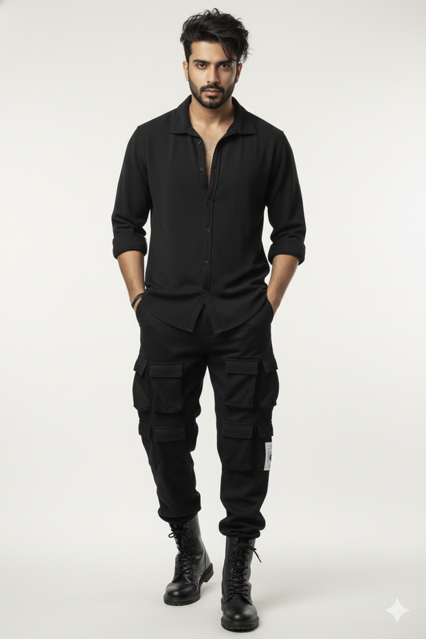 Men’s Black 4-Pocket Cargo Co-ord Set (Shirt & Cargo Pants)
