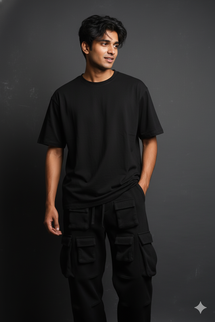 Men’s Black 4-Pocket Cargo Co-ord Set (T-Shirt & Cargo Pants)