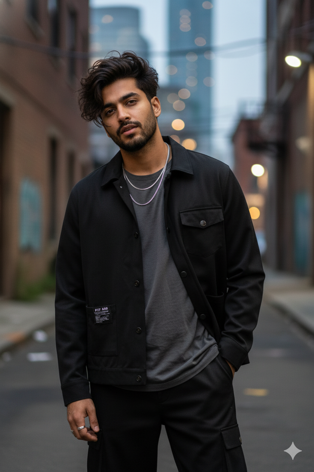 Men’s Black 2-Pocket Cargo Co-ord Set (Shacket & Cargo Pants)