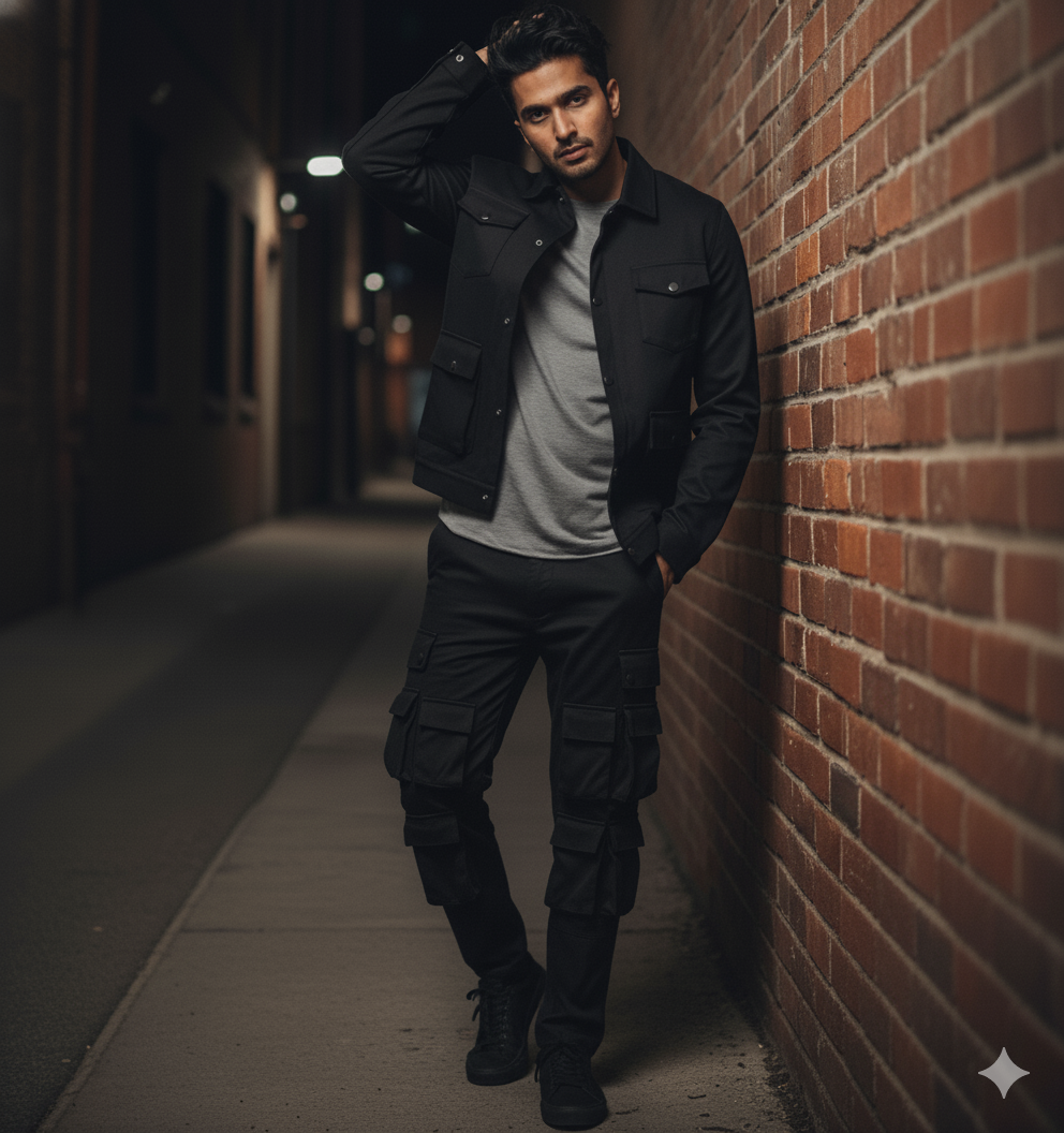 Men’s Black 4-Pocket Cargo Co-ord Set (Shacket & Cargo Pants)