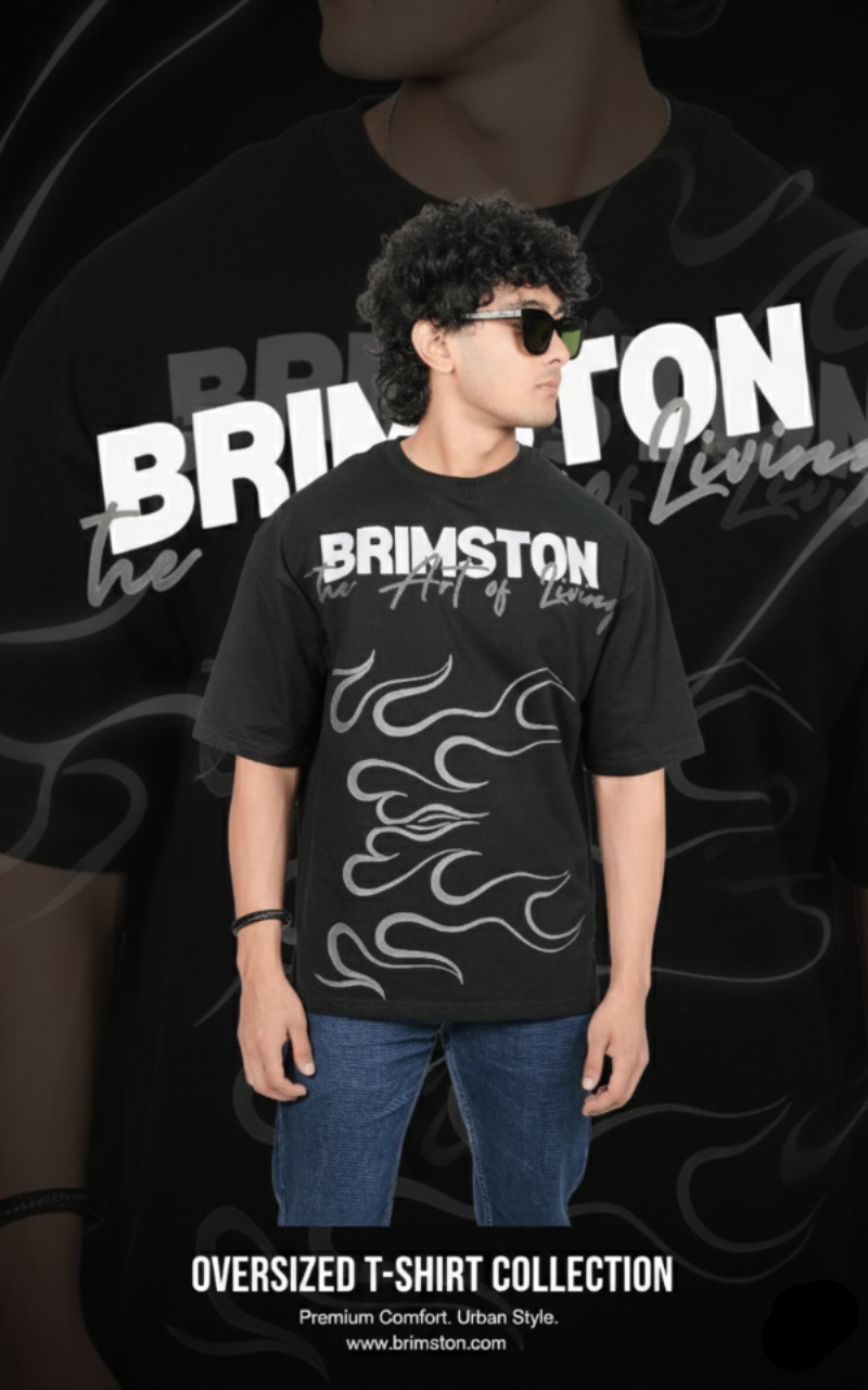Person wearing a black t-shirt with 'Brimston' branding and design, standing against a dark background.