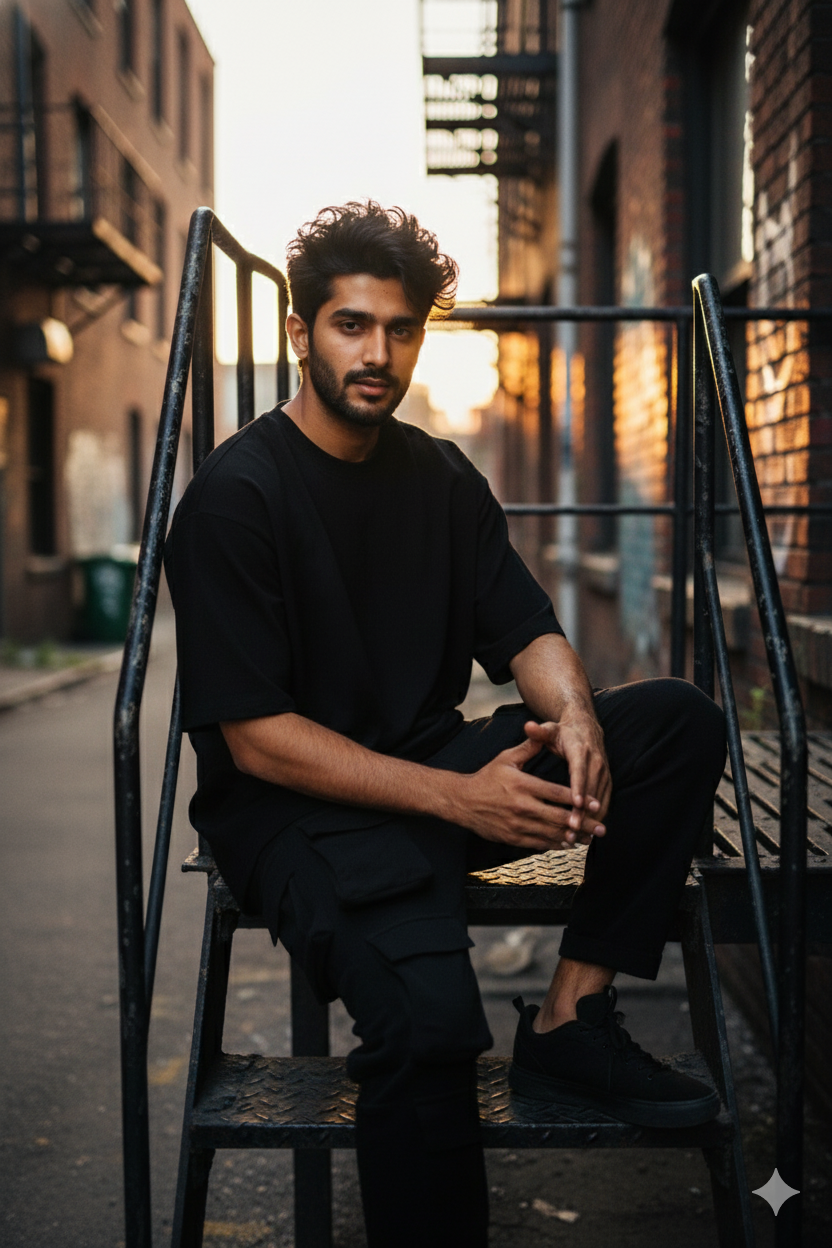 Men's 2-Piece Set – Black T-Shirt & Six-Pocket Cargo Pants, Soft Breathable Fabric, Minimalist Loungewear/Streetwear Matching Outfit