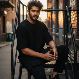 Men's 2-Piece Set – Black T-Shirt & Six-Pocket Cargo Pants, Soft Breathable Fabric, Minimalist Loungewear/Streetwear Matching Outfit