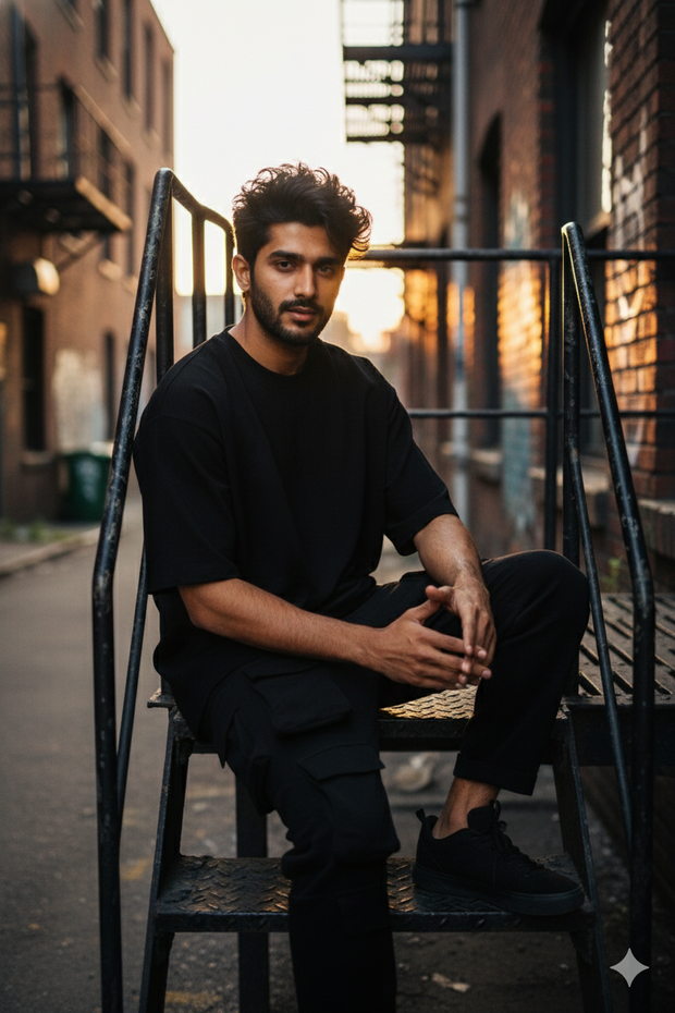 Men's 2-Piece Set – Black T-Shirt & Six-Pocket Cargo Pants, Soft Breathable Fabric, Minimalist Loungewear/Streetwear Matching Outfit