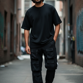 Men's 2-Piece Set – Black T-Shirt & Six-Pocket Cargo Pants, Soft Breathable Fabric, Minimalist Loungewear/Streetwear Matching Outfit