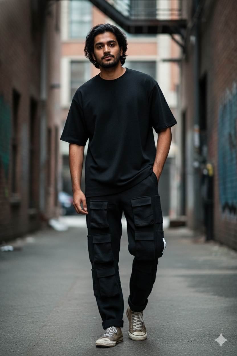 Men's 2-Piece Set – Black T-Shirt & Six-Pocket Cargo Pants, Soft Breathable Fabric, Minimalist Loungewear/Streetwear Matching Outfit