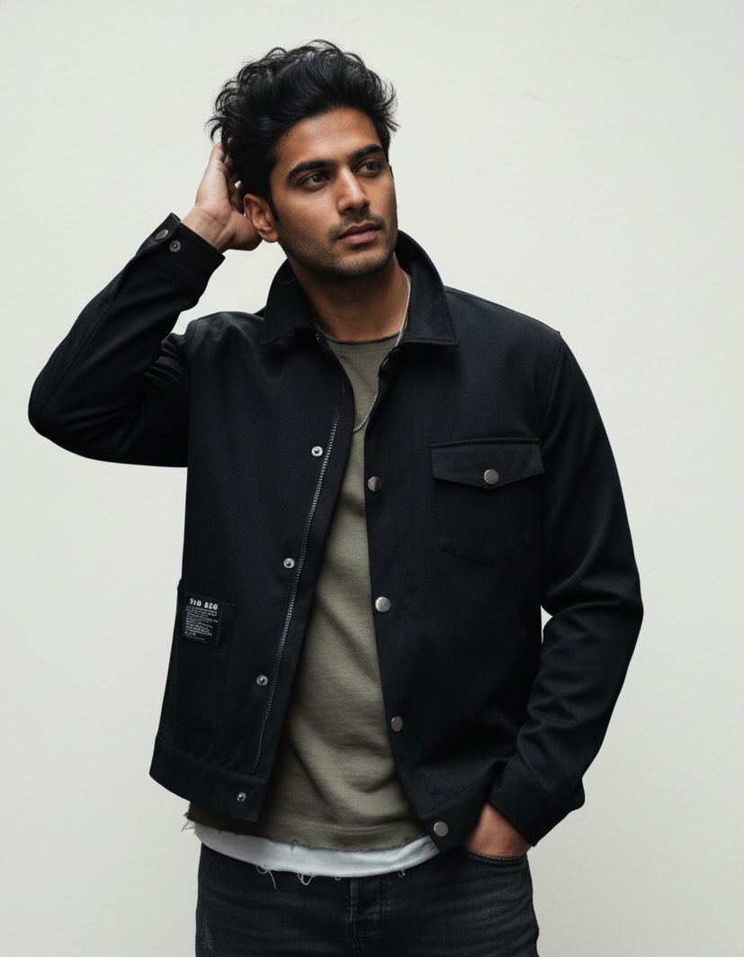 Men’s Black Shacket – Relaxed Fit, Breathable Fabric, Casual Streetwear Outerwear