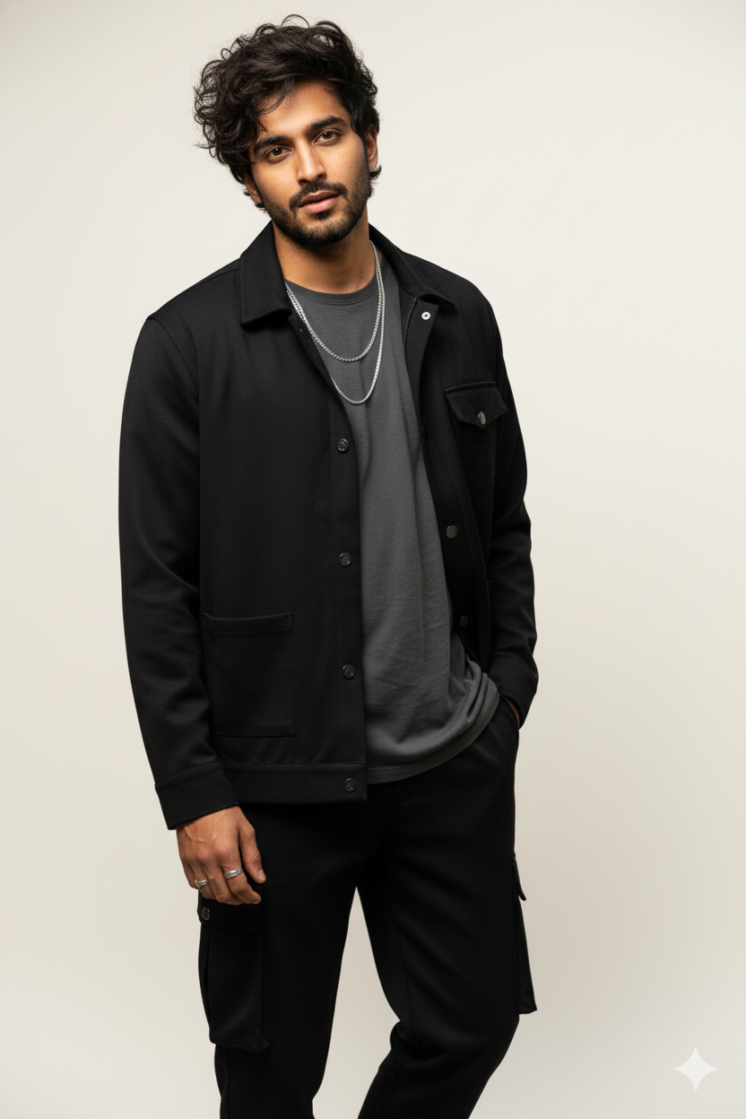 Men’s Black 2-Pocket Cargo Co-ord Set (Shacket & Cargo Pants)