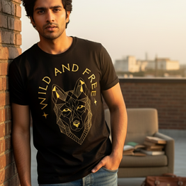 Man wearing a black t-shirt with a wolf graphic and 'Wild and Free' text on a rooftop.