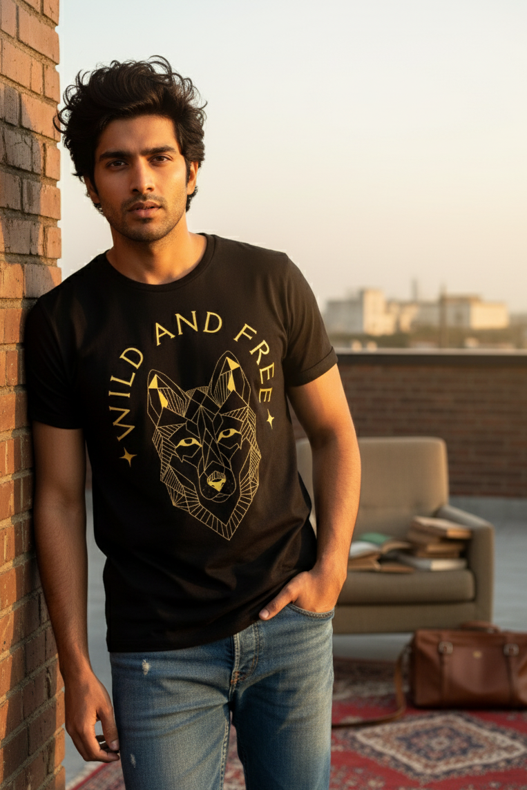 Man wearing a black t-shirt with a wolf graphic and 'Wild and Free' text on a rooftop.