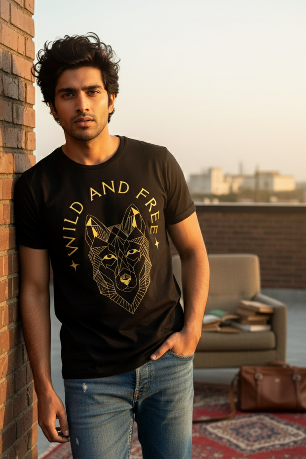 Man wearing a black t-shirt with a wolf graphic and 'Wild and Free' text on a rooftop.