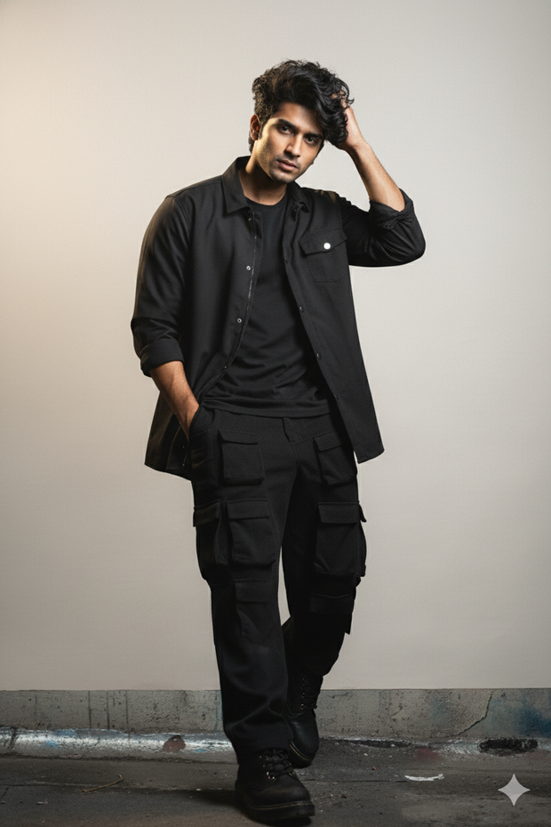 Men’s Black 6-Pocket Cargo Co-ord Set (Shacket & Cargo Pants)
