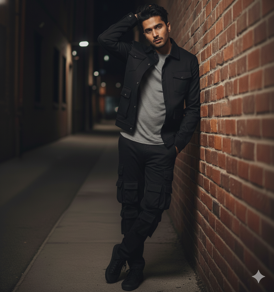 Men’s Black 4-Pocket Cargo Co-ord Set (Shacket & Cargo Pants)