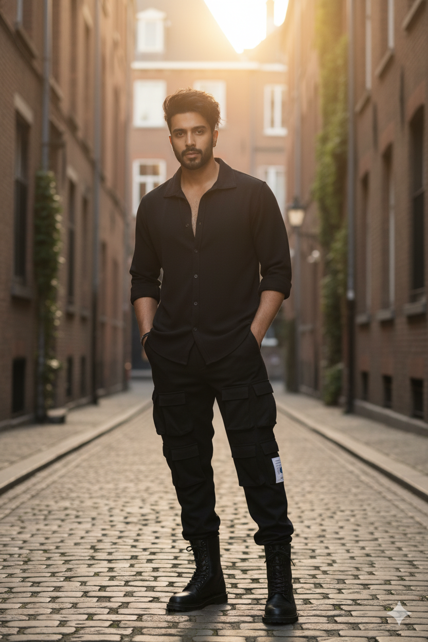 Men’s Black 4-Pocket Cargo Co-ord Set (Shirt & Cargo Pants)