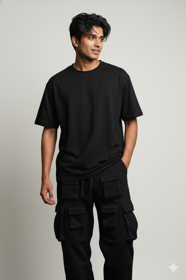 Men’s Black 4-Pocket Cargo Co-ord Set (T-Shirt & Cargo Pants)