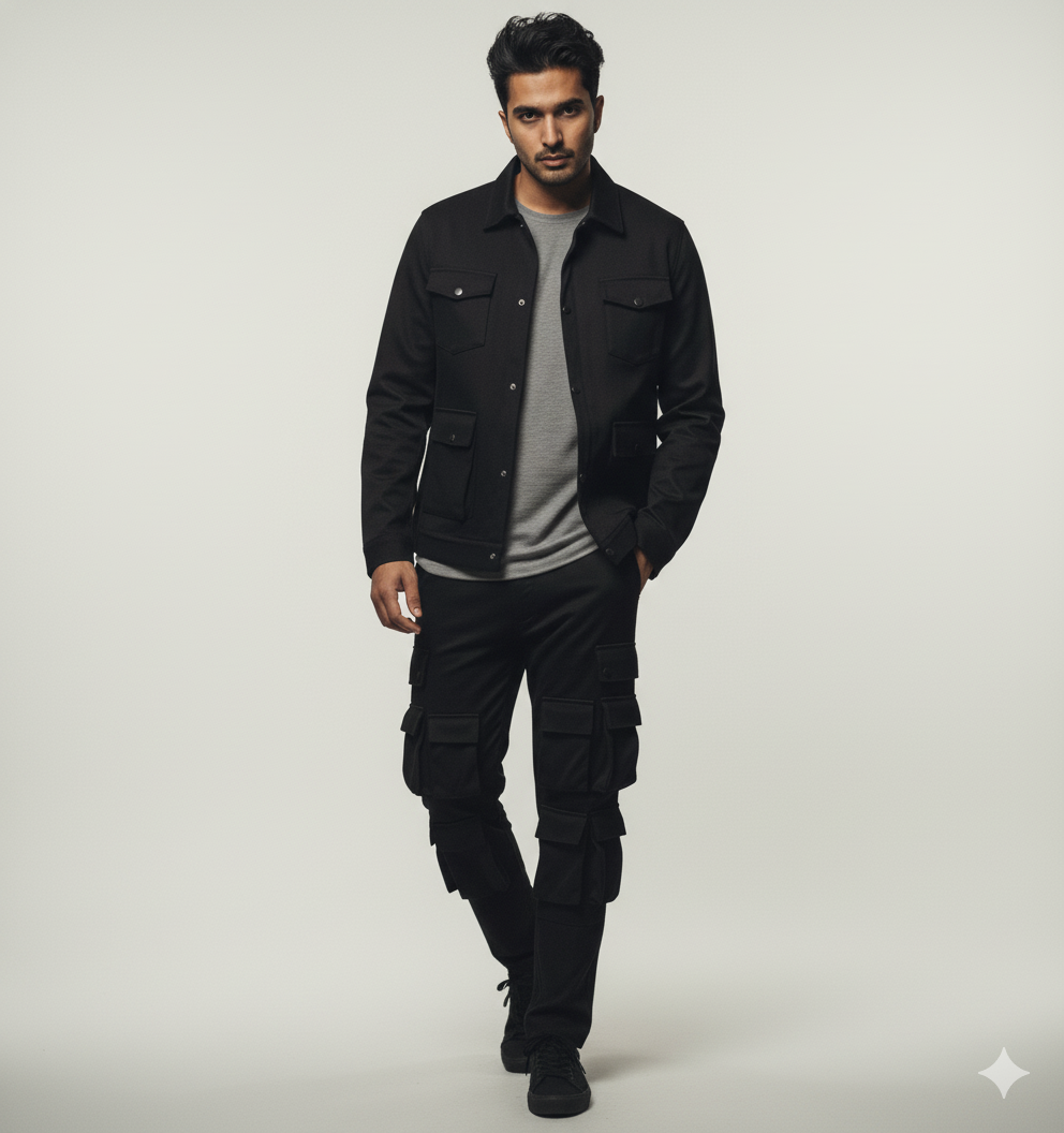 Men’s Black 4-Pocket Cargo Co-ord Set (Shacket & Cargo Pants)
