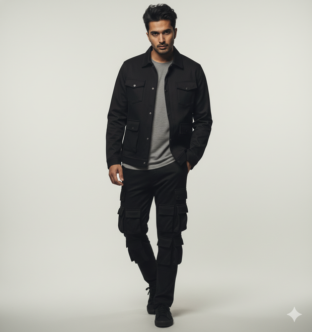 Men’s Black 4-Pocket Cargo Co-ord Set (Shacket & Cargo Pants)