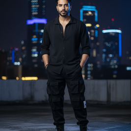 Men’s Black 4-Pocket Cargo Co-ord Set (Shirt & Cargo Pants)