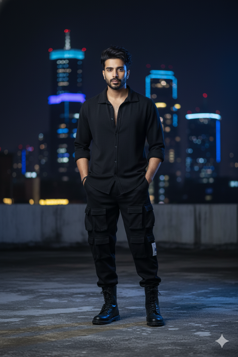 Men’s Black 4-Pocket Cargo Co-ord Set (Shirt & Cargo Pants)