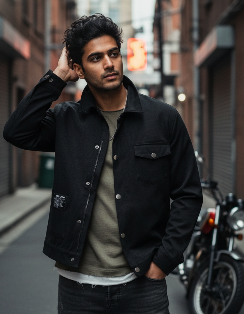 Men’s Black Shacket – Relaxed Fit, Breathable Fabric, Casual Streetwear Outerwear