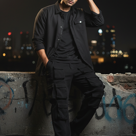 Men’s Black 6-Pocket Cargo Co-ord Set (Shacket & Cargo Pants)