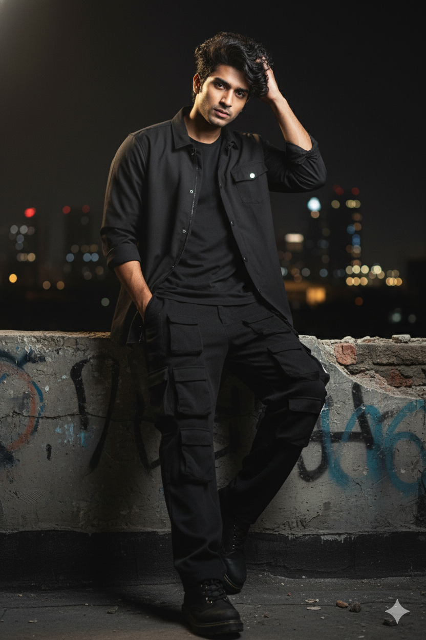 Men’s Black 6-Pocket Cargo Co-ord Set (Shacket & Cargo Pants)