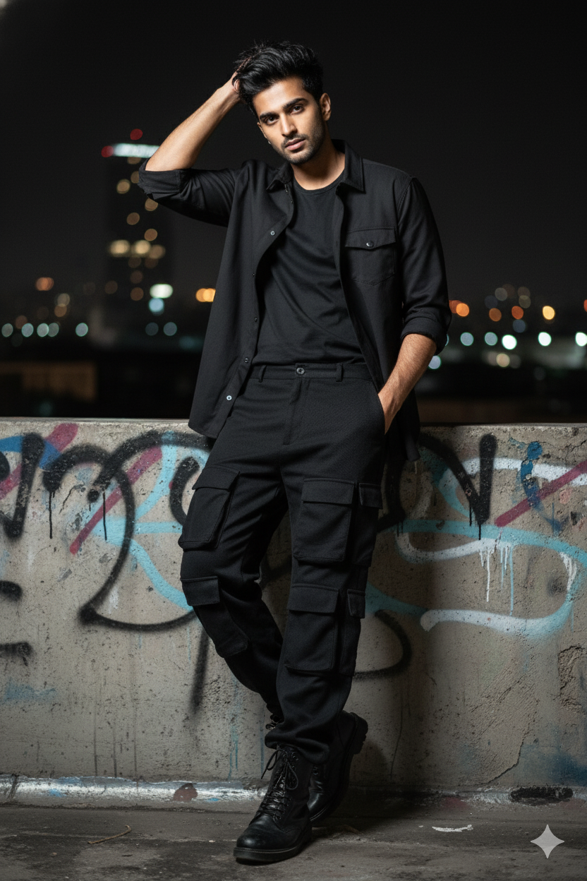 Men’s Black 6-Pocket Cargo Co-ord Set (Shacket & Cargo Pants)