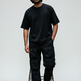 Men's 2-Piece Set – Black T-Shirt & Six-Pocket Cargo Pants, Soft Breathable Fabric, Minimalist Loungewear/Streetwear Matching Outfit