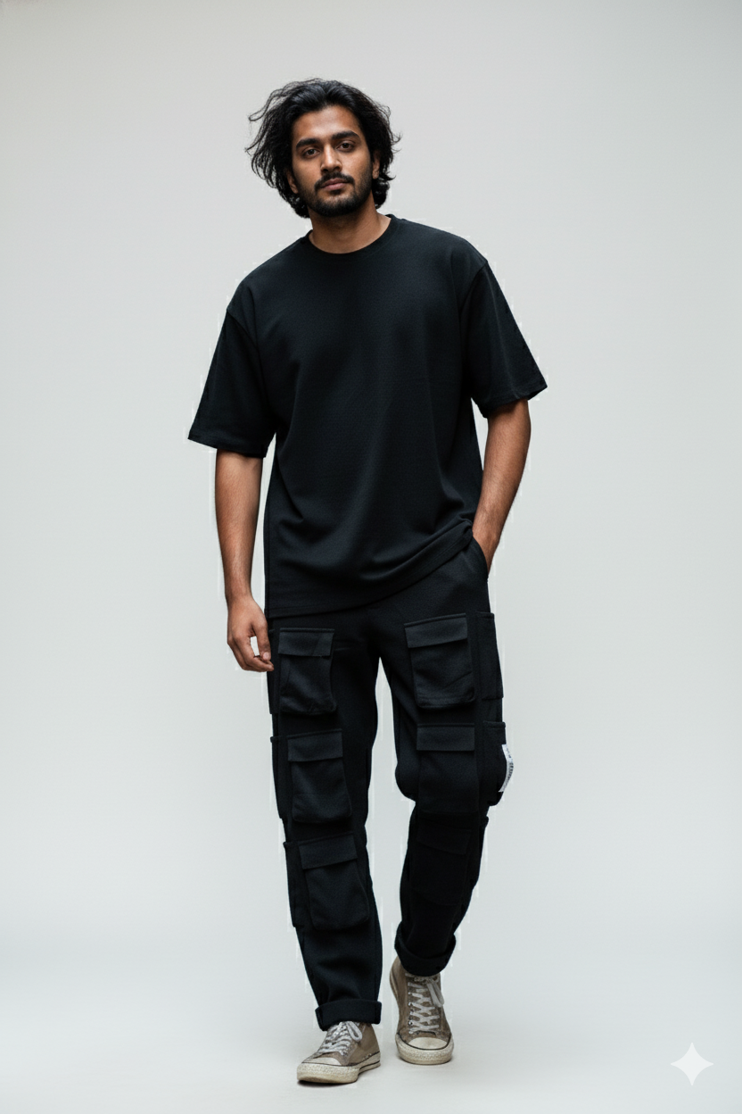 Men's 2-Piece Set – Black T-Shirt & Six-Pocket Cargo Pants, Soft Breathable Fabric, Minimalist Loungewear/Streetwear Matching Outfit