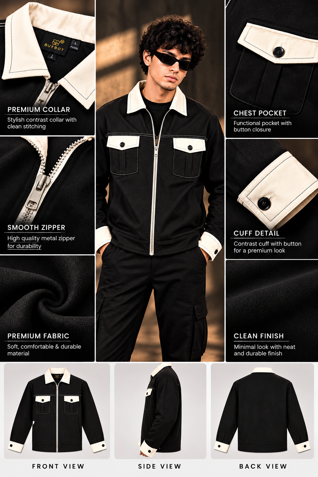 BUYBOT Black Contrast-Collar Streetwear Jacket