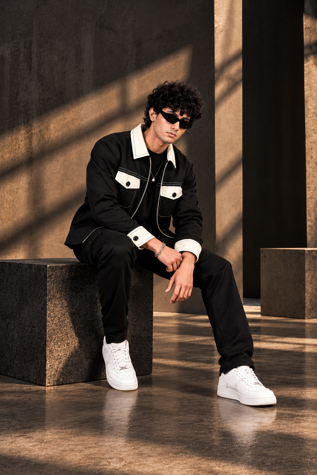 BUYBOT Black Contrast-Collar Streetwear Jacket