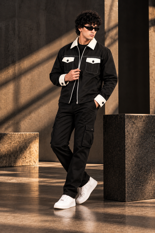 BUYBOT Black Contrast-Collar Streetwear Jacket