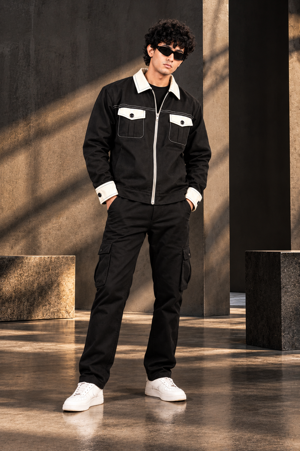 BUYBOT Black Contrast-Collar Streetwear Jacket