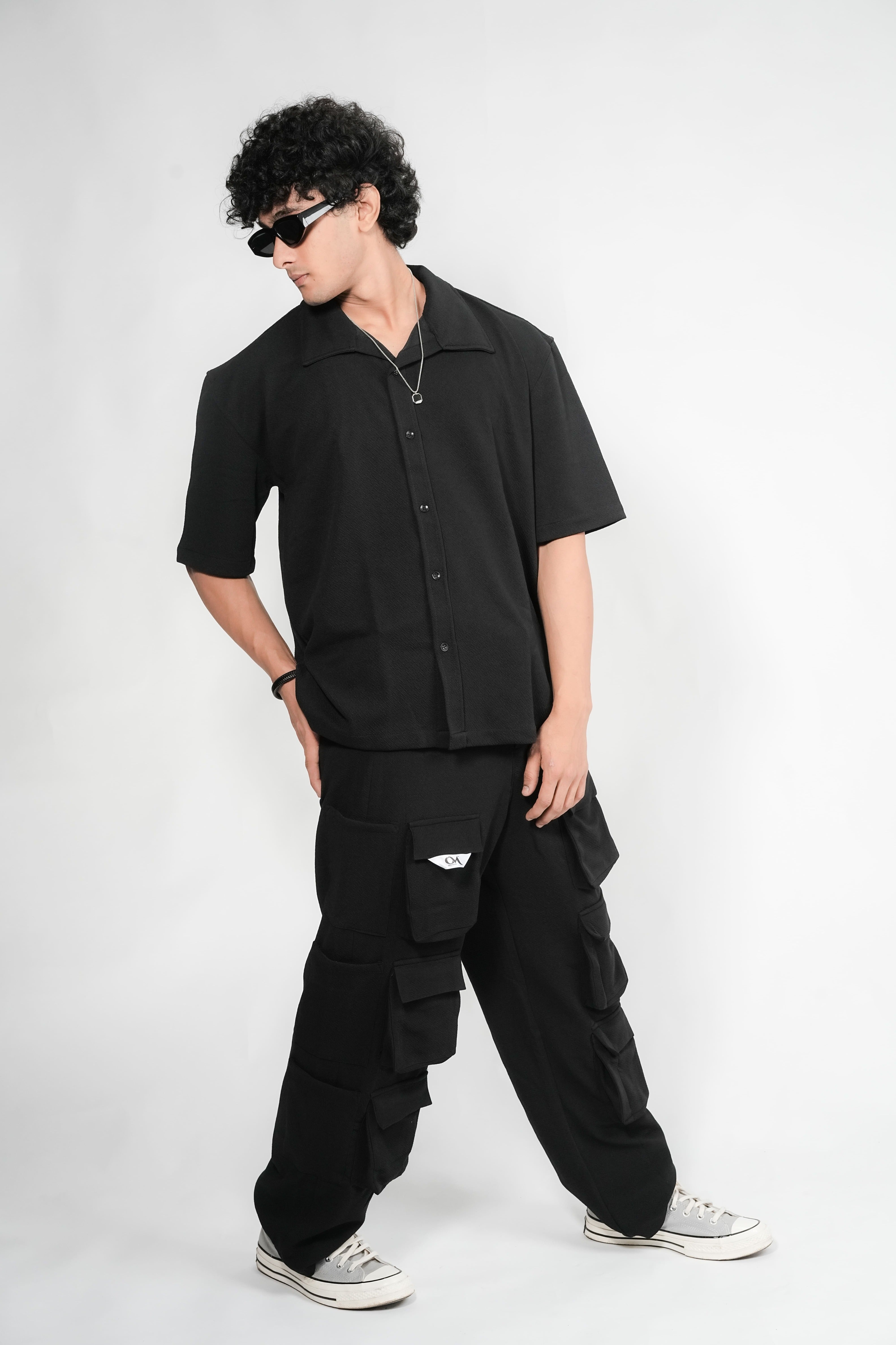 Men’s Black 6-Pocket Cargo Co-ord Set (Shirt & Cargo Pants)