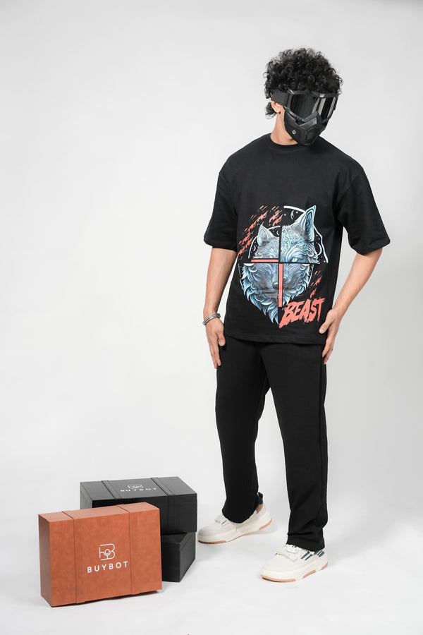 BUYBOT “Beast Mode” Wolf Graphic Oversized Tee – Black Edition