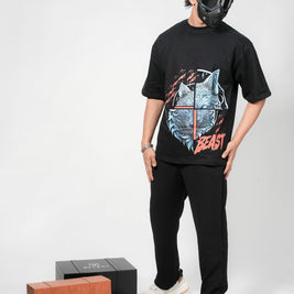 BUYBOT “Beast Mode” Wolf Graphic Oversized Tee – Black Edition