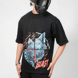 BUYBOT “Beast Mode” Wolf Graphic Oversized Tee – Black Edition