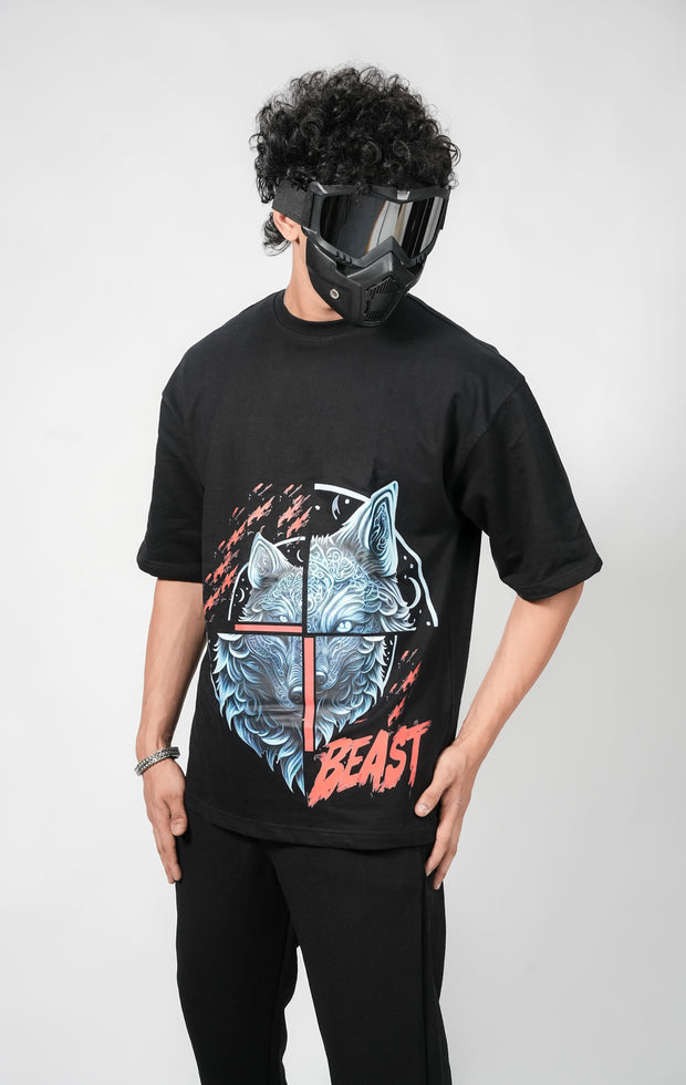 BUYBOT “Beast Mode” Wolf Graphic Oversized Tee – Black Edition
