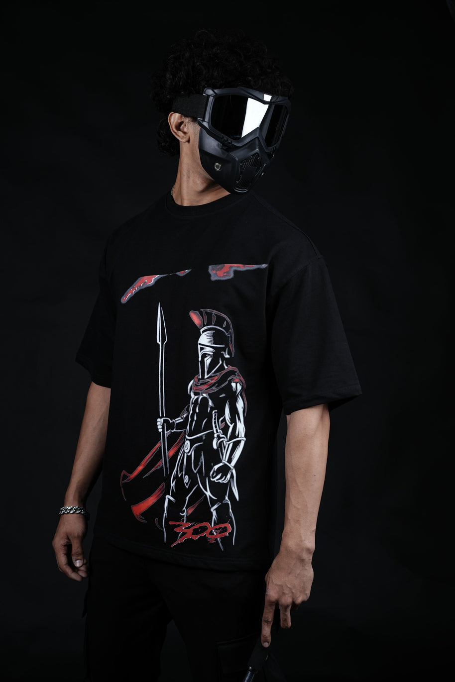 BUYBOT “Spartan Valor” Warrior Graphic Oversized Tee – Black Edition