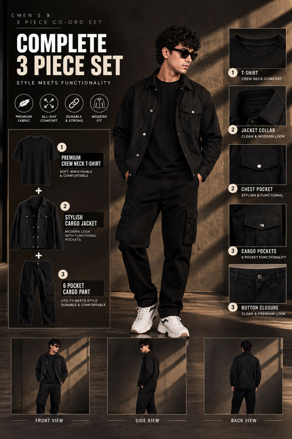 BUYBOT Men’s 3 Piece Co-Ord Set – Black T-Shirt + Cargo Jacket + 6-Pocket Cargo Pants