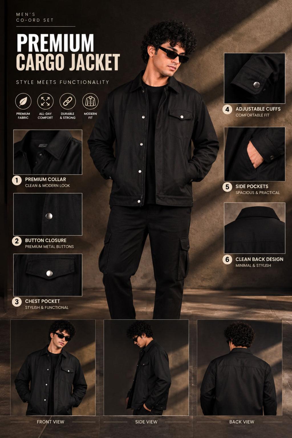 BUYBOT Men’s 3 Piece Co-Ord Set – Black T-Shirt + Cargo Jacket + 6-Pocket Cargo Pants