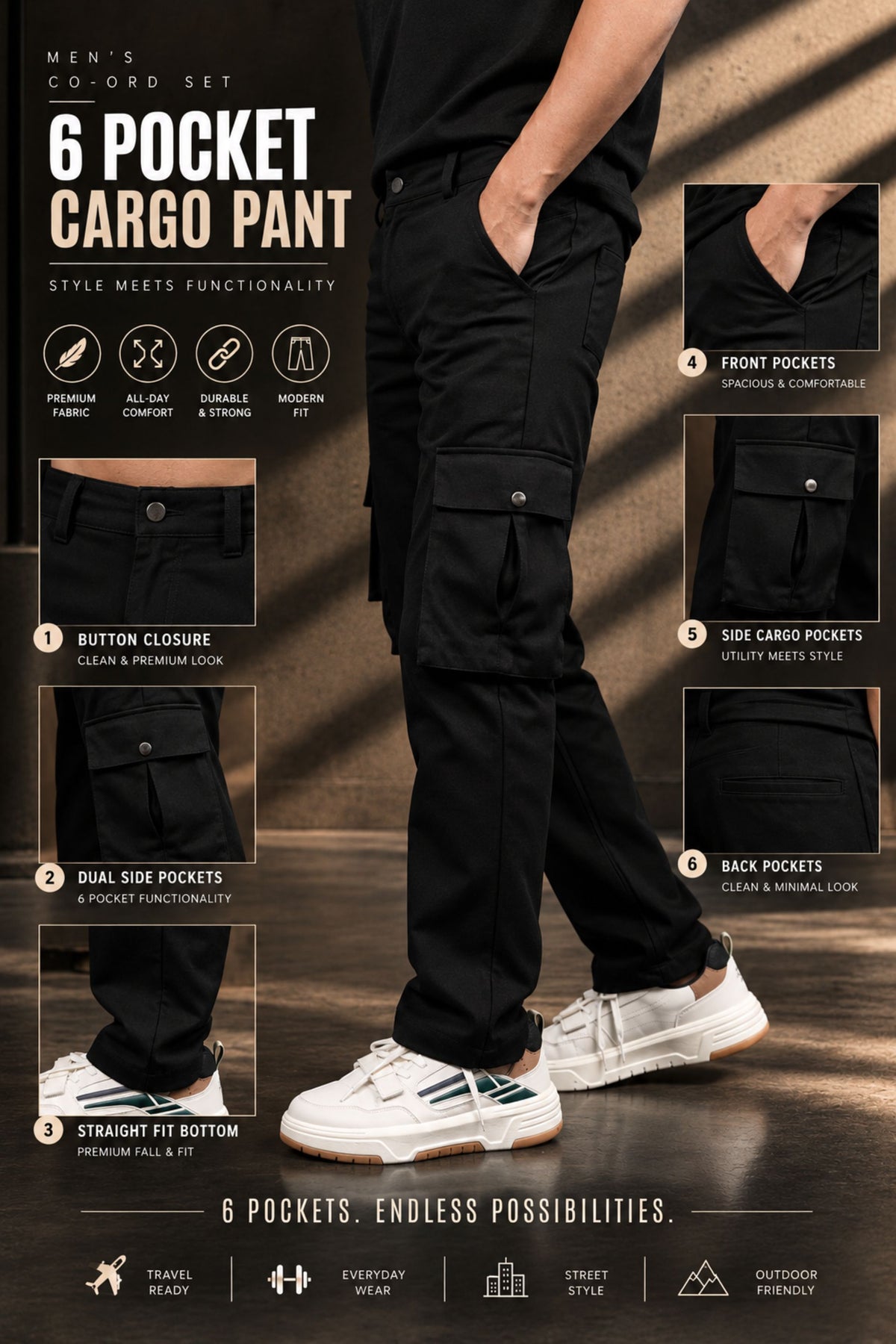 BUYBOT Men’s 3 Piece Co-Ord Set – Black T-Shirt + Cargo Jacket + 6-Pocket Cargo Pants