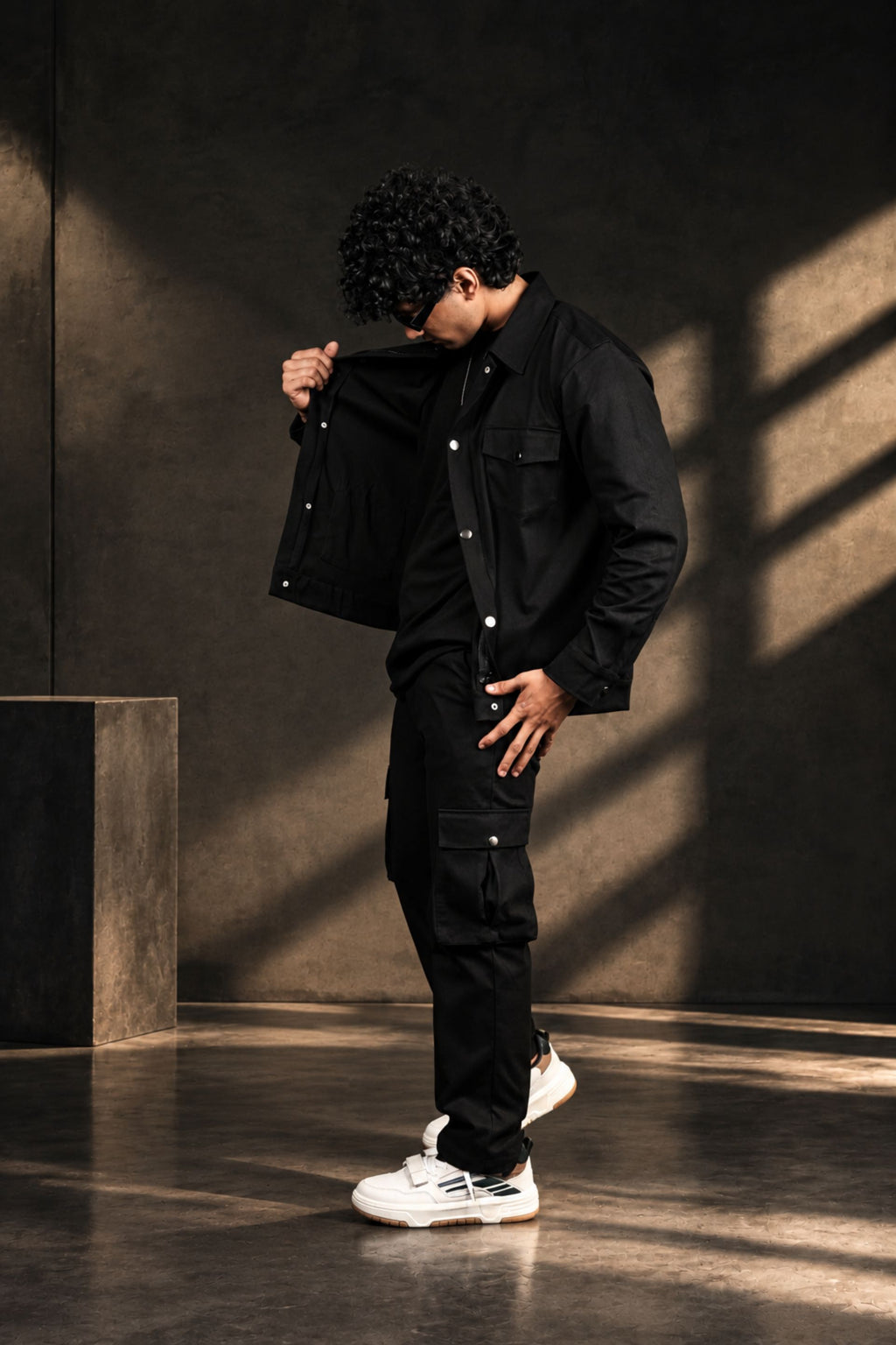 BUYBOT Men’s 3 Piece Co-Ord Set – Black T-Shirt + Cargo Jacket + 6-Pocket Cargo Pants