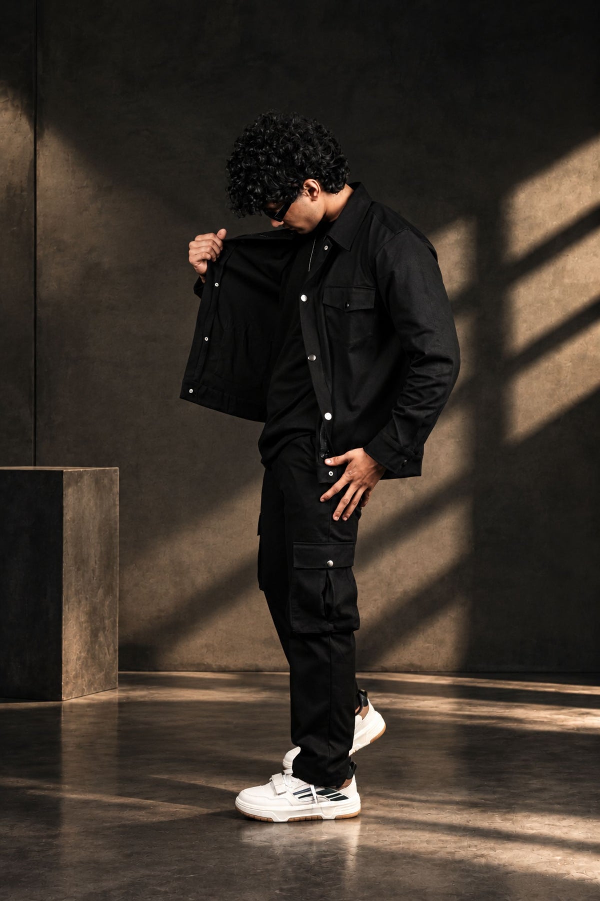 BUYBOT Men’s 3 Piece Co-Ord Set – Black T-Shirt + Cargo Jacket + 6-Pocket Cargo Pants