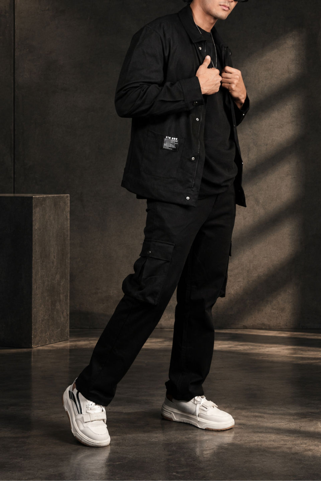 BUYBOT Men’s 3 Piece Co-Ord Set – Black T-Shirt + Cargo Jacket + 6-Pocket Cargo Pants